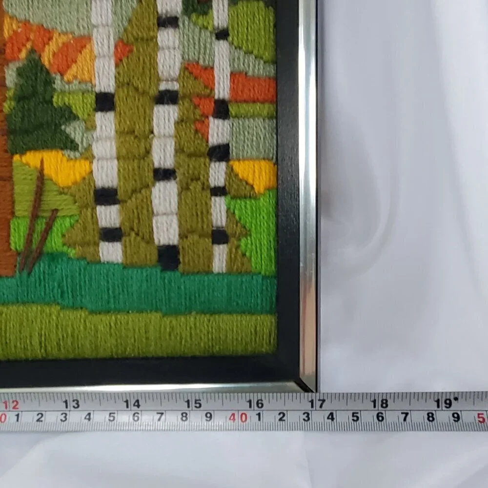 VTG 1970's Crewel Country Autumn Fall farm Scene Picture Framed Art 17”X13”